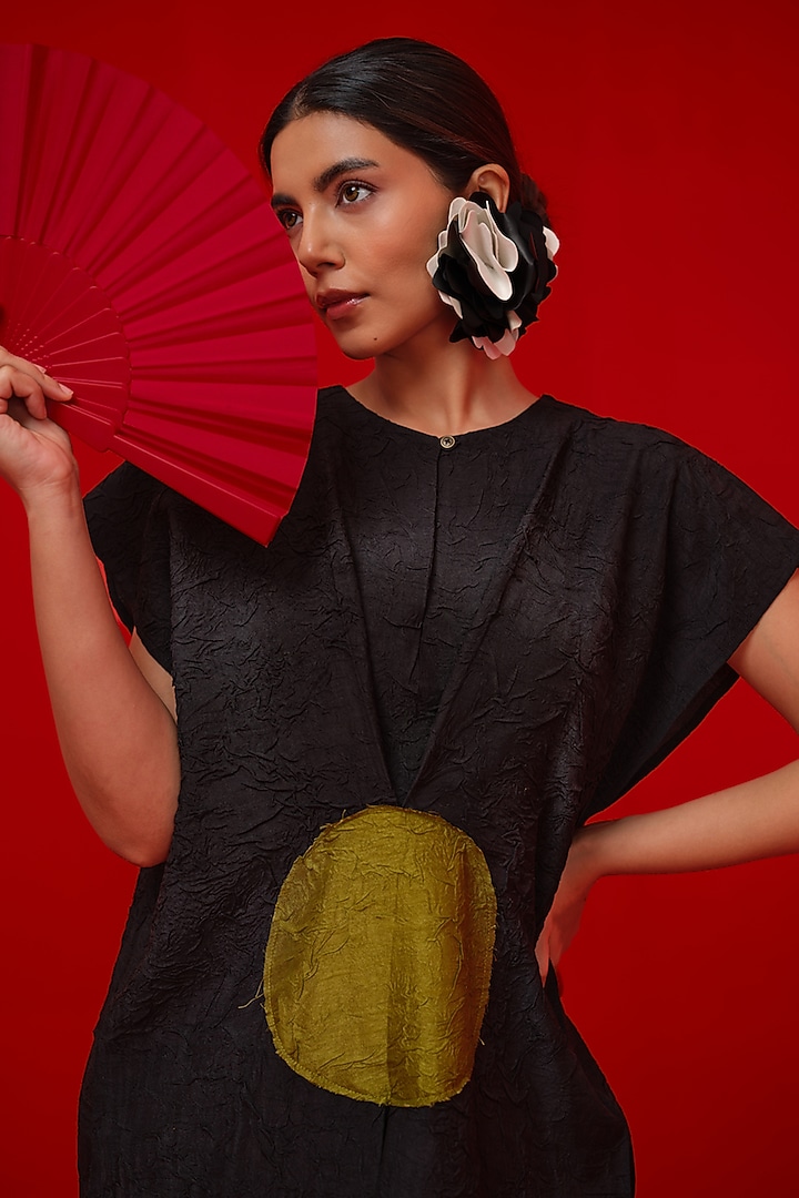 Black & Leaf Green Crushed Silk Summer Dress by STOIQUE at Pernia's Pop Up Shop