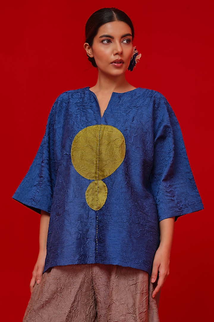 Blue & Leaf Green Crushed Silk Top by STOIQUE at Pernia's Pop Up Shop
