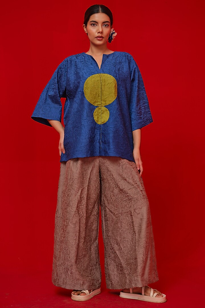 Blue & Leaf Green Crushed Silk Top by STOIQUE at Pernia's Pop Up Shop