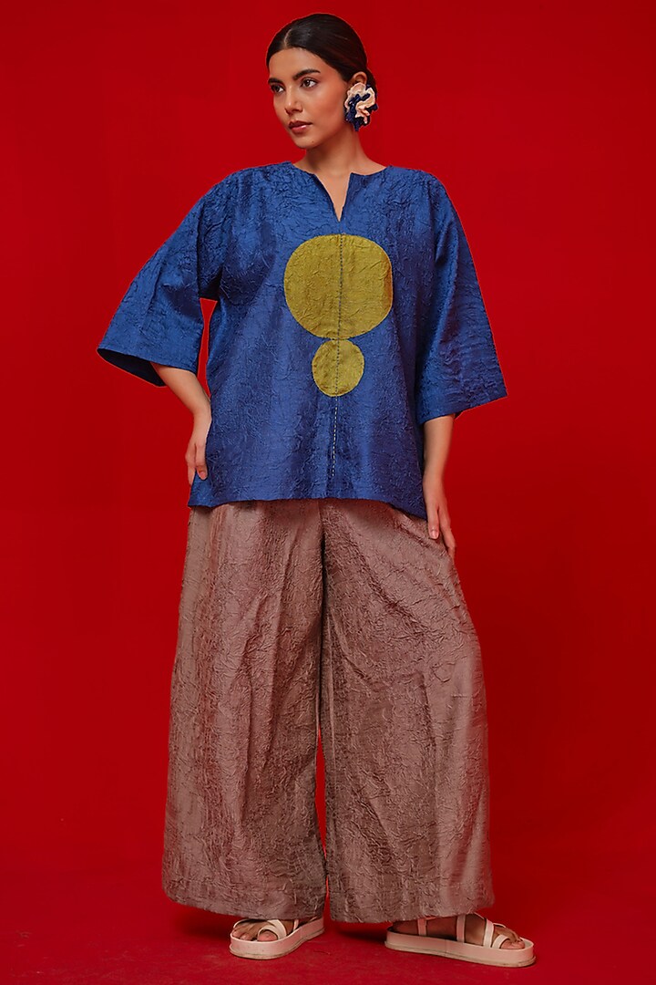 Blue & Leaf Green Crushed Silk Top by STOIQUE at Pernia's Pop Up Shop