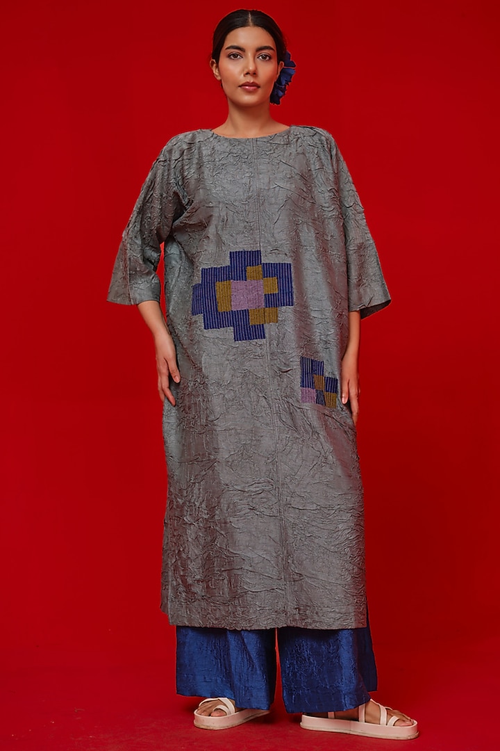 Teal Blue & Green Crushed Silk Floral Applique Tunic by STOIQUE at Pernia's Pop Up Shop