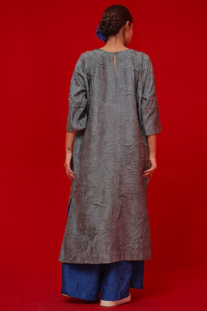 Teal Blue & Green Crushed Silk Floral Applique Tunic by STOIQUE at Pernia's Pop Up Shop