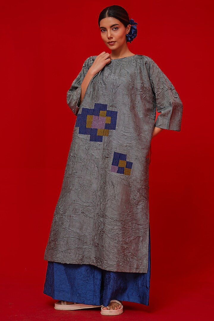 Teal Blue & Green Crushed Silk Floral Applique Tunic by STOIQUE at Pernia's Pop Up Shop