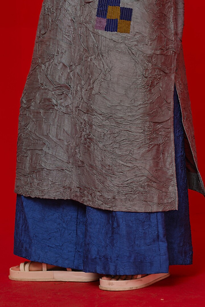 Teal Blue & Green Crushed Silk Floral Applique Tunic by STOIQUE at Pernia's Pop Up Shop