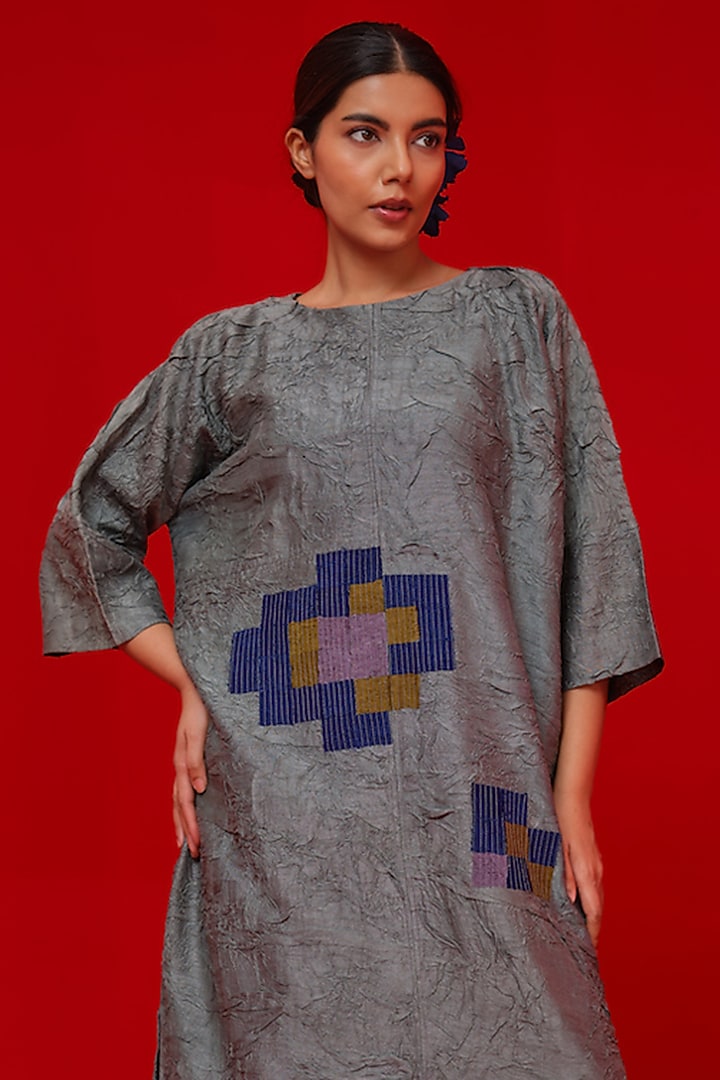 Teal Blue & Green Crushed Silk Floral Applique Tunic by STOIQUE at Pernia's Pop Up Shop