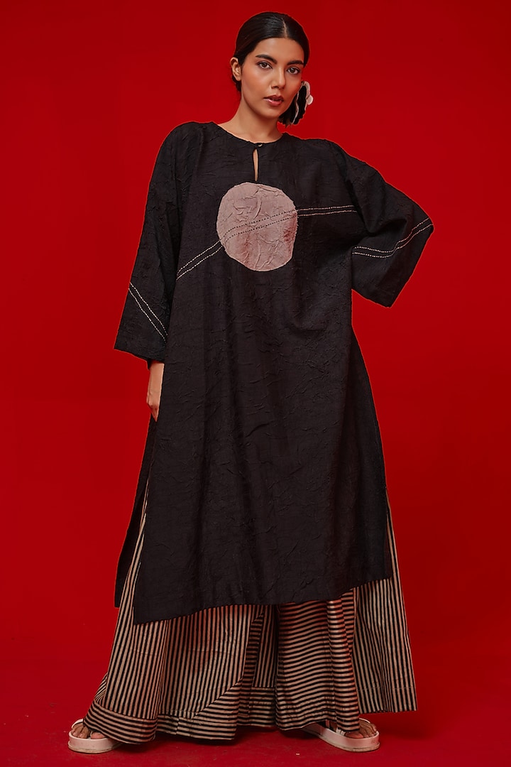 Black Crushed Silk Floral Applique Tunic by STOIQUE at Pernia's Pop Up Shop