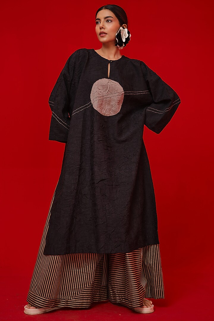Black Crushed Silk Floral Applique Tunic by STOIQUE at Pernia's Pop Up Shop