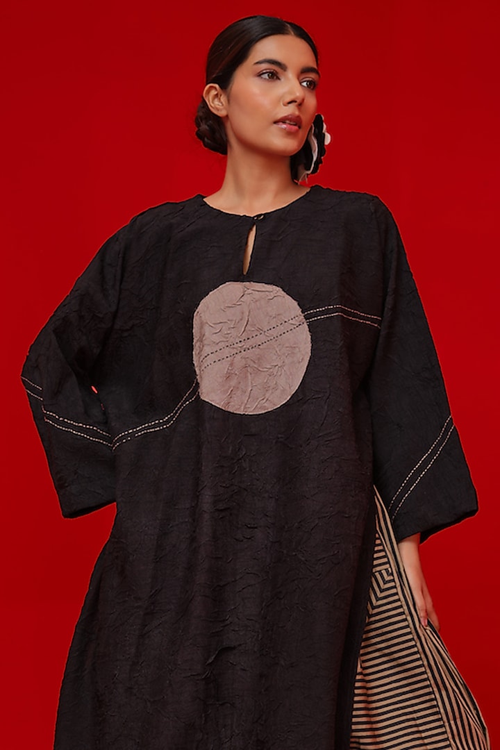 Black Crushed Silk Floral Applique Tunic by STOIQUE at Pernia's Pop Up Shop