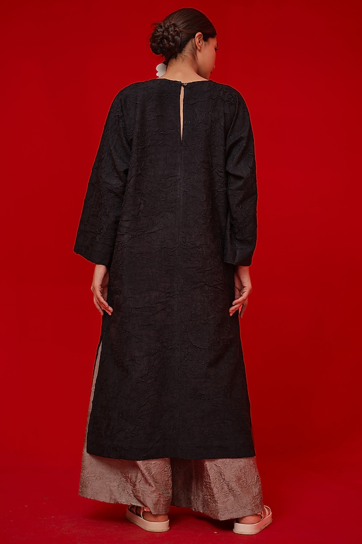 Black Crushed Silk Floral Applique Tunic by STOIQUE at Pernia's Pop Up Shop