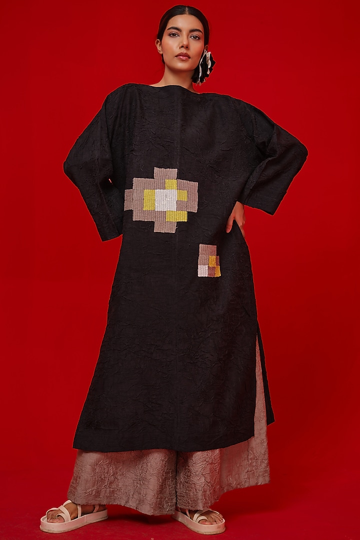 Black Crushed Silk Floral Applique Tunic by STOIQUE at Pernia's Pop Up Shop