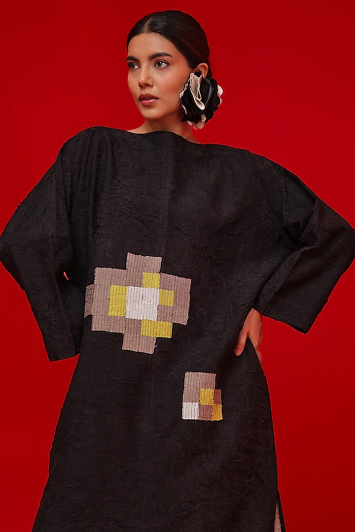 Black Crushed Silk Floral Applique Tunic by STOIQUE at Pernia's Pop Up Shop