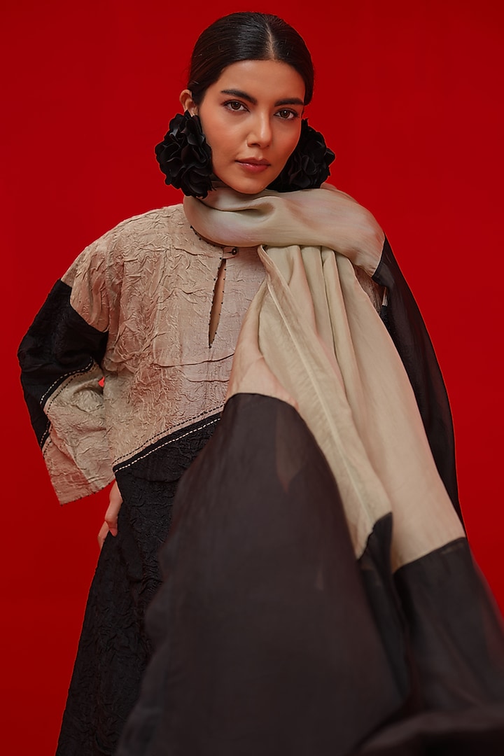 Black & Grey Silk Organza Scarf by STOIQUE at Pernia's Pop Up Shop