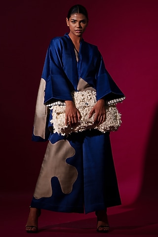 Blue & Grey Satin Linen Overlay  by STOIQUE