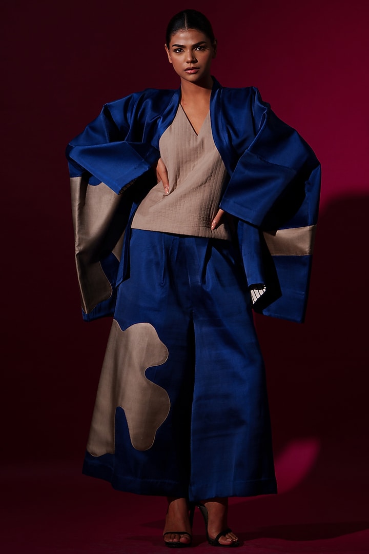 Blue & Grey Satin Linen Overlay  by STOIQUE at Pernia's Pop Up Shop