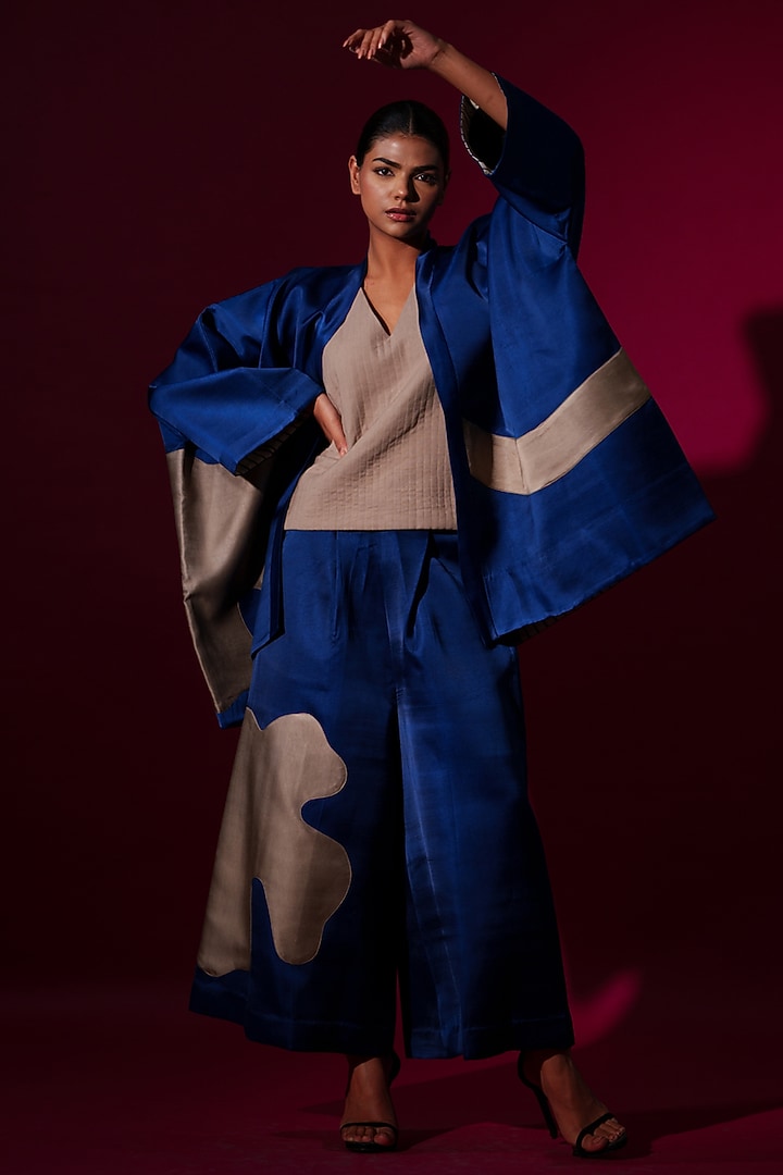 Blue & Grey Satin Linen Overlay  by STOIQUE at Pernia's Pop Up Shop