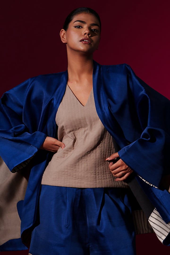 Blue & Grey Satin Linen Overlay  by STOIQUE at Pernia's Pop Up Shop