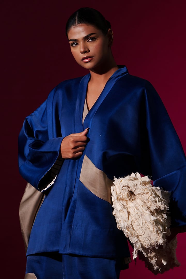 Blue & Grey Satin Linen Overlay  by STOIQUE at Pernia's Pop Up Shop