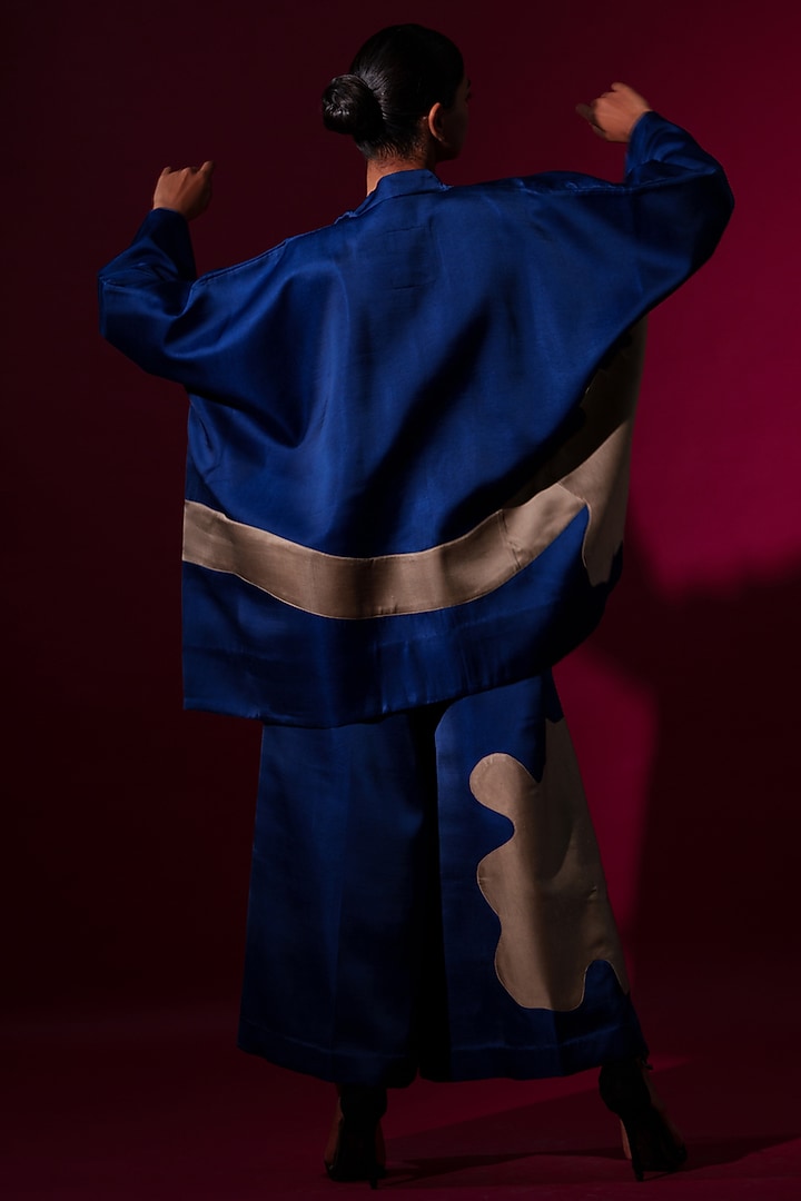 Blue & Grey Satin Linen Trouser by STOIQUE at Pernia's Pop Up Shop