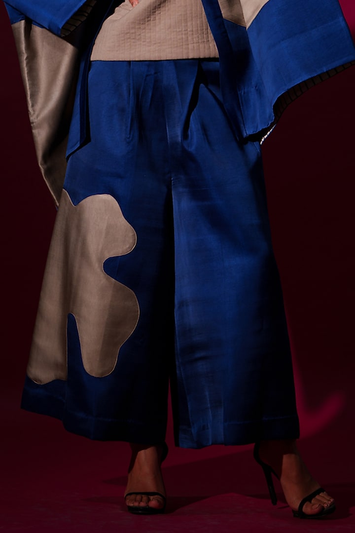 Blue & Grey Satin Linen Trouser by STOIQUE at Pernia's Pop Up Shop