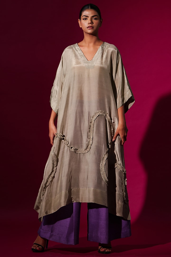 Grey Upada Silk Hand Embroidered Tunic by STOIQUE at Pernia's Pop Up Shop
