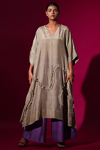 Grey Upada Silk Hand Embroidered Tunic by STOIQUE