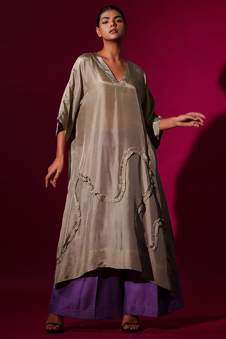 Grey Upada Silk Hand Embroidered Tunic by STOIQUE at Pernia's Pop Up Shop