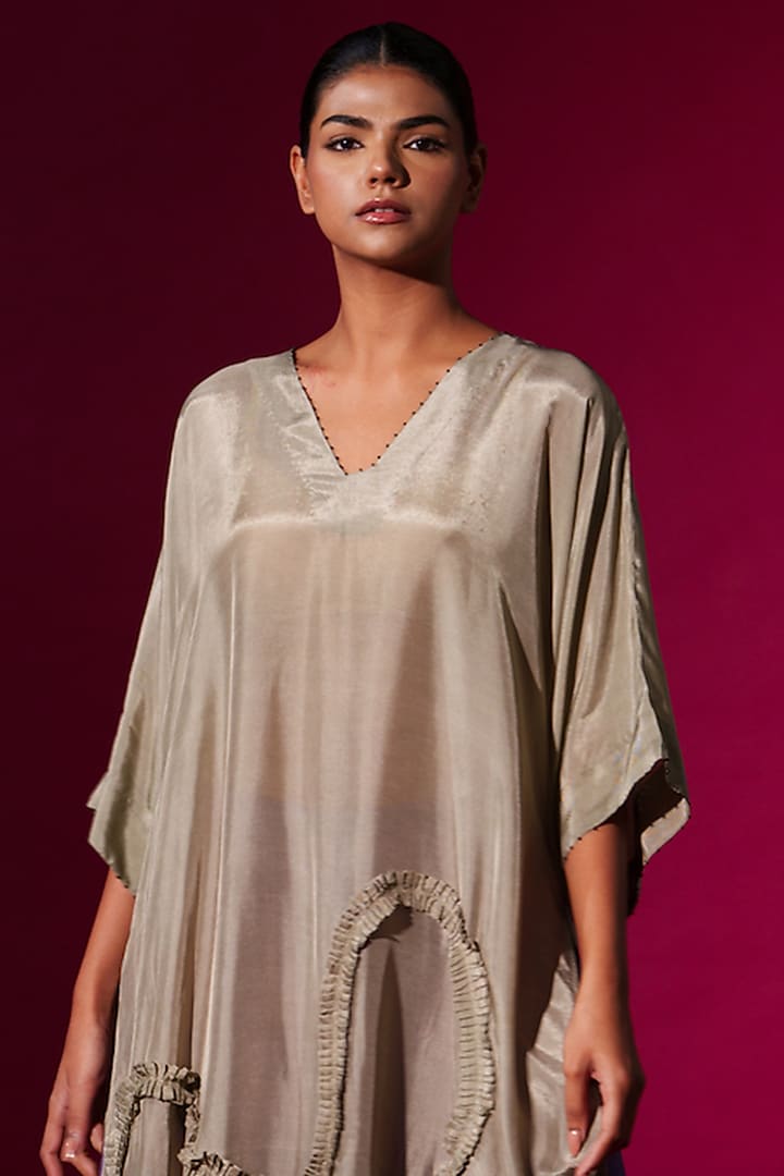 Grey Upada Silk Hand Embroidered Tunic by STOIQUE at Pernia's Pop Up Shop