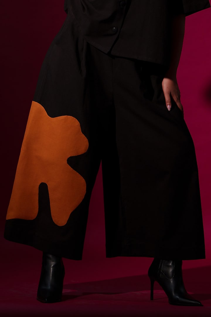 Black Cotton Hand Sewn Applique Trouser by STOIQUE at Pernia's Pop Up Shop