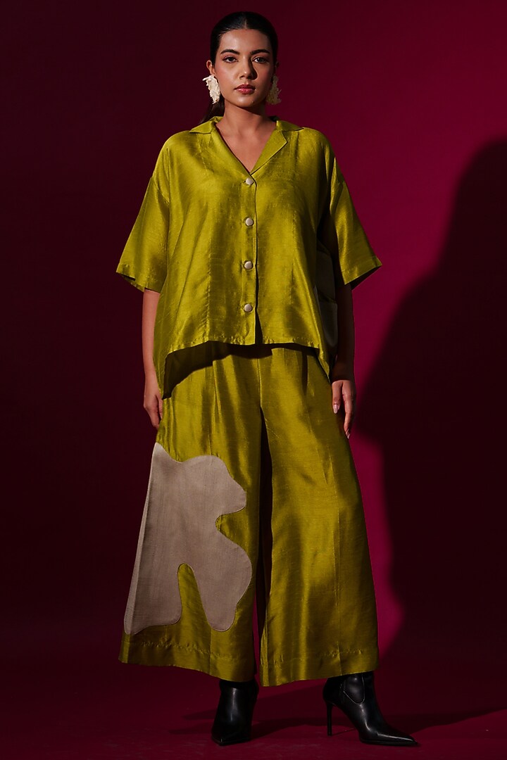 Leaf Green Mysore Silk Oversized Shirt by STOIQUE at Pernia's Pop Up Shop