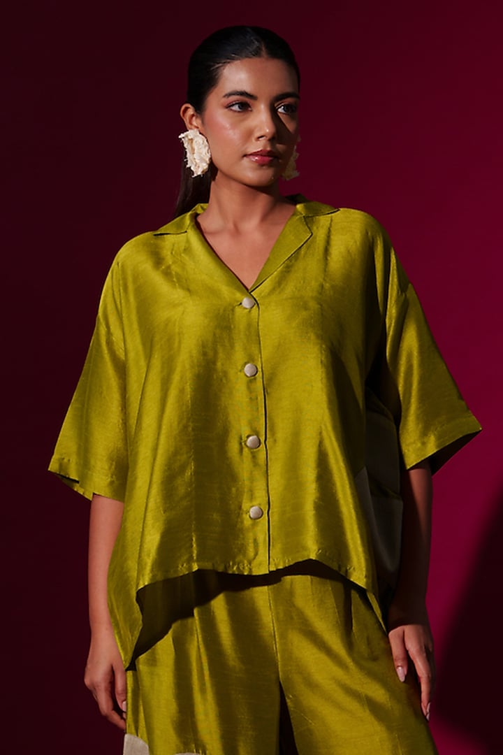 Leaf Green Mysore Silk Oversized Shirt by STOIQUE at Pernia's Pop Up Shop
