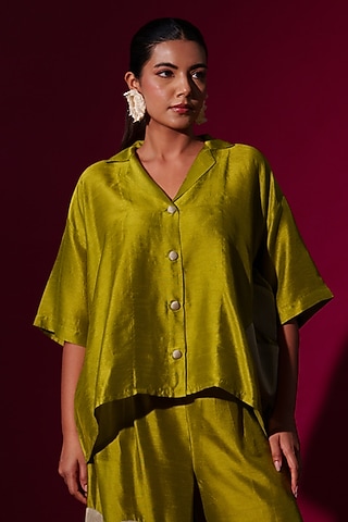 Leaf Green Mysore Silk Oversized Shirt by STOIQUE