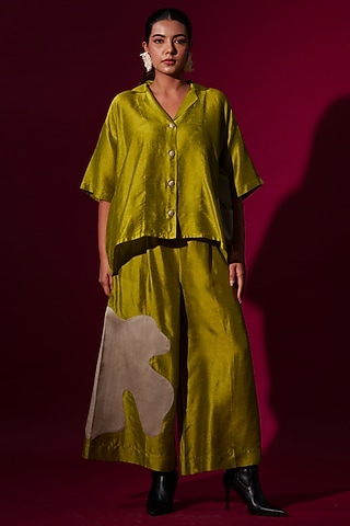 Leaf Green Mysore Silk Trouser by STOIQUE
