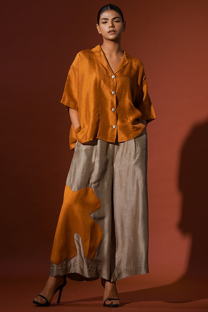 Rust Orange Mysore Silk Oversized Shirt by STOIQUE at Pernia's Pop Up Shop