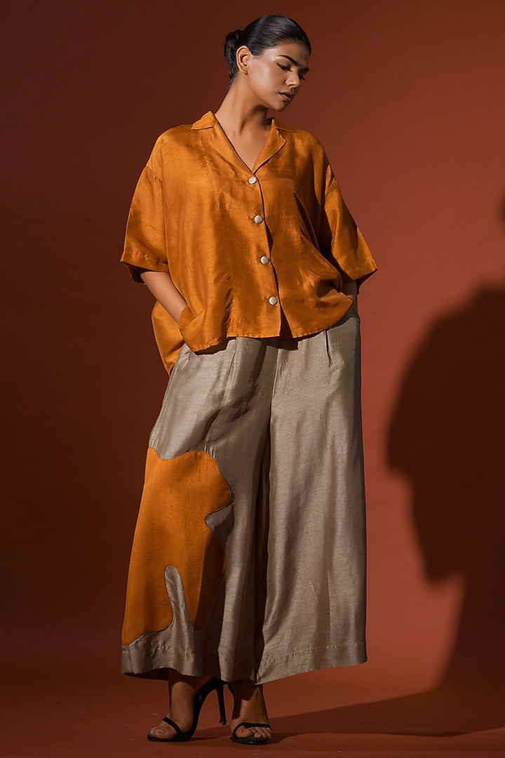 Rust Orange Mysore Silk Oversized Shirt by STOIQUE at Pernia's Pop Up Shop