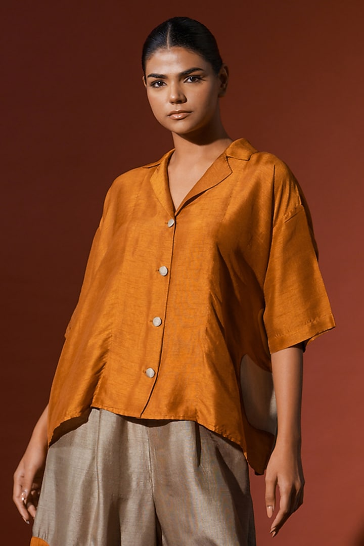 Rust Orange Mysore Silk Oversized Shirt by STOIQUE at Pernia's Pop Up Shop