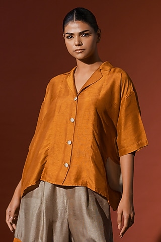 Rust Orange Mysore Silk Oversized Shirt by STOIQUE