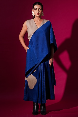 Blue & Grey Mysore Silk Saree-Style Dress by STOIQUE