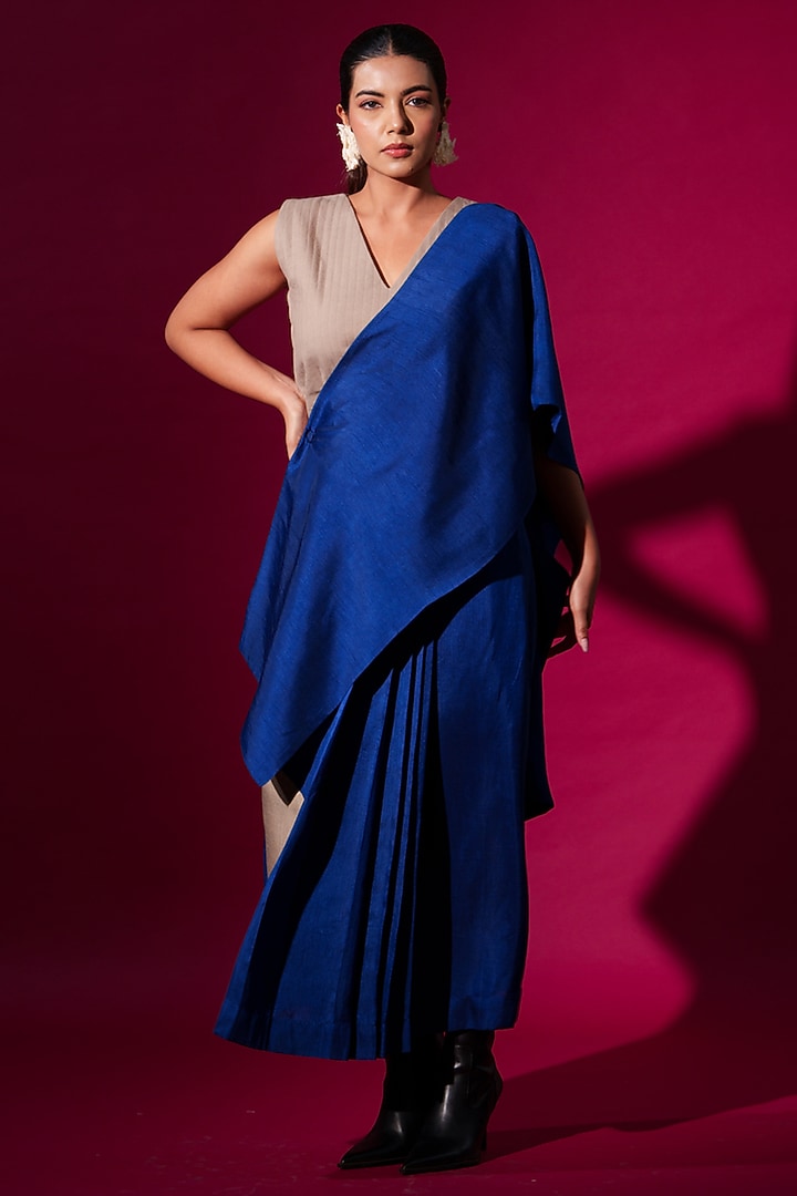 Blue & Grey Mysore Silk Saree-Style Vacation Dress by STOIQUE at Pernia's Pop Up Shop