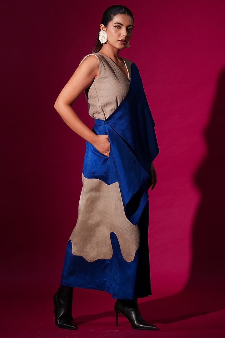 Blue & Grey Mysore Silk Saree-Style Vacation Dress by STOIQUE at Pernia's Pop Up Shop