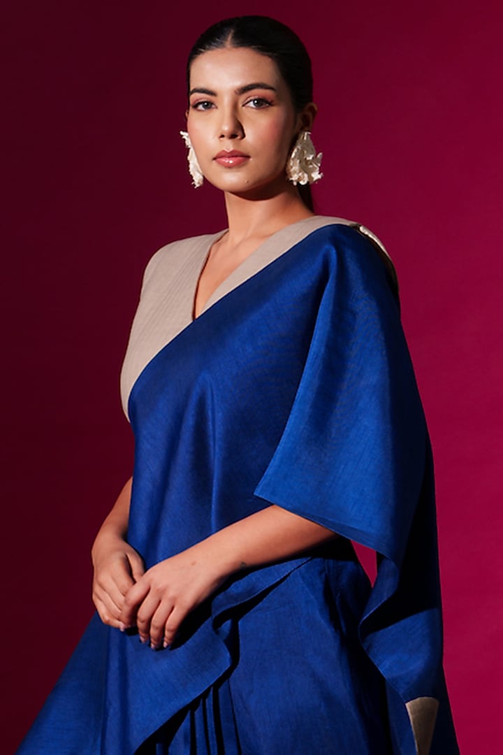 Blue & Grey Mysore Silk Saree-Style Vacation Dress by STOIQUE at Pernia's Pop Up Shop