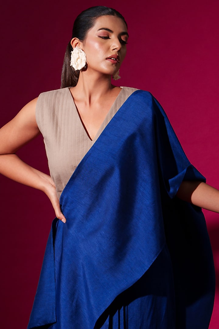 Blue & Grey Mysore Silk Saree-Style Vacation Dress by STOIQUE at Pernia's Pop Up Shop