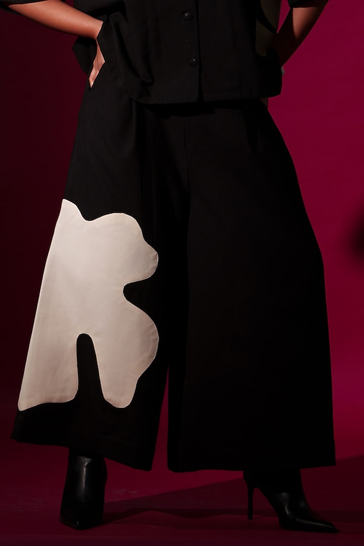 Black Cotton Hand Sewn Applique Trouser by STOIQUE at Pernia's Pop Up Shop