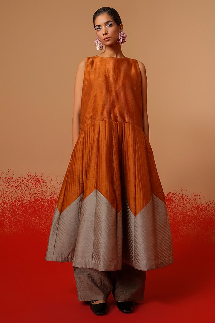 Rust Orange & Grey Silk Color-Blocked Quilted Vacation Dress by STOIQUE at Pernia's Pop Up Shop