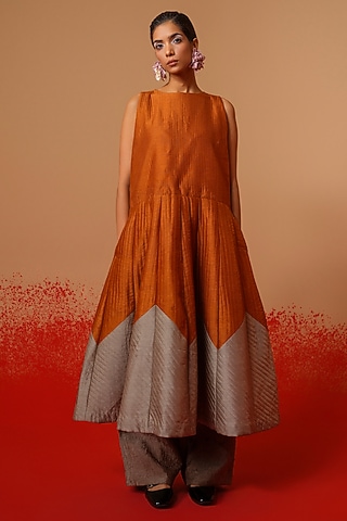 Rust Orange & Grey Silk Color-Blocked Quilted Dress by STOIQUE