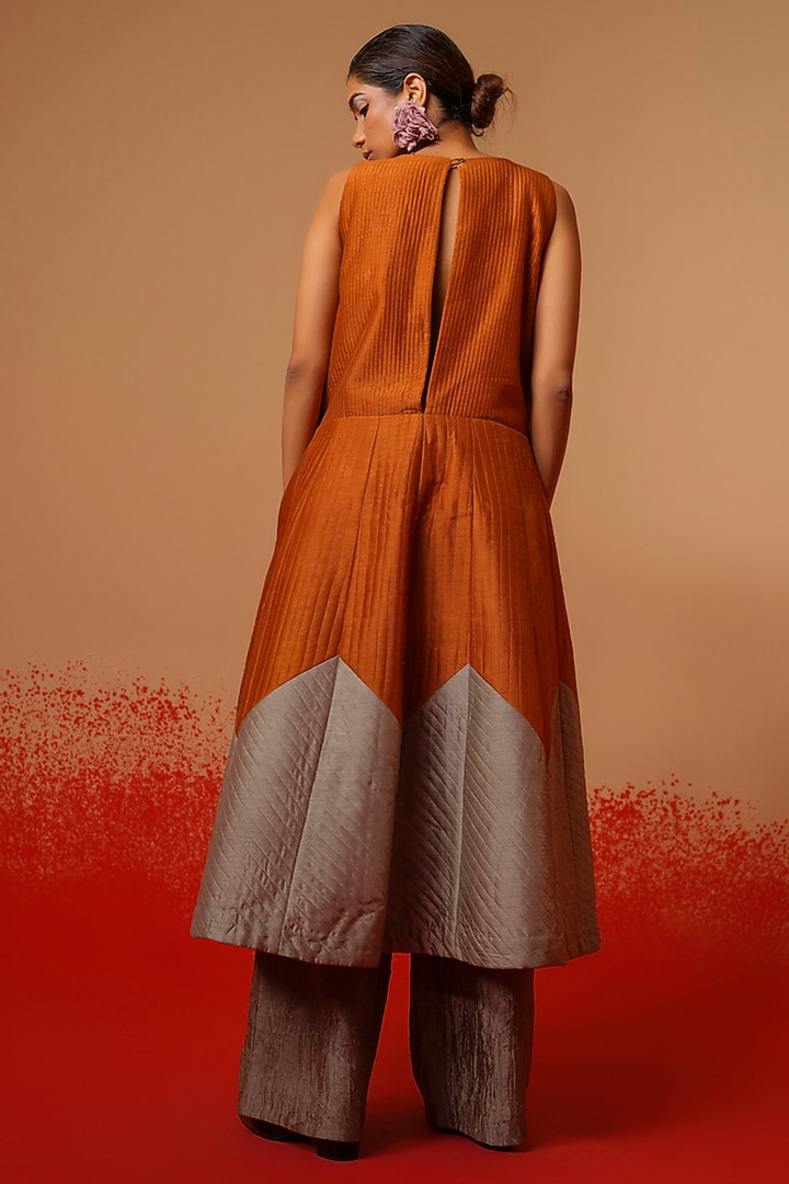 Rust Orange & Grey Silk Color-Blocked Quilted Vacation Dress by STOIQUE at Pernia's Pop Up Shop