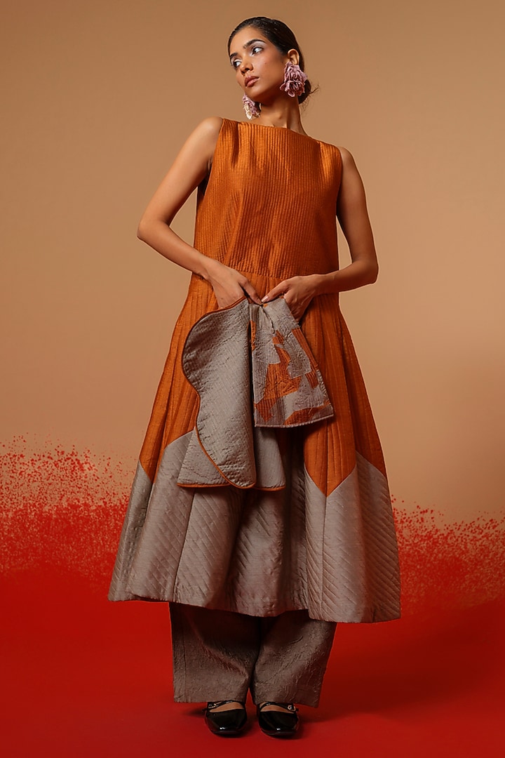 Rust Orange & Grey Silk Color-Blocked Quilted Vacation Dress by STOIQUE at Pernia's Pop Up Shop