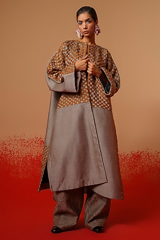 Leaf Green & Grey Silk Checkered Oversized Jacket by STOIQUE