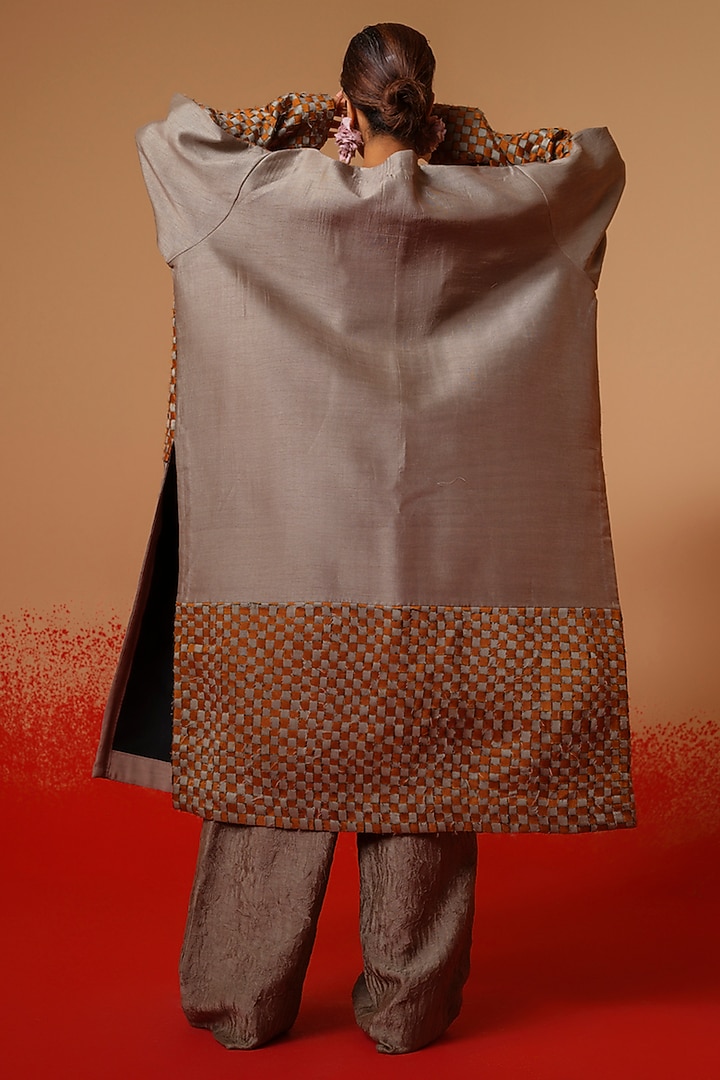 Leaf Green & Grey Silk Checkered Oversized Jacket by STOIQUE at Pernia's Pop Up Shop