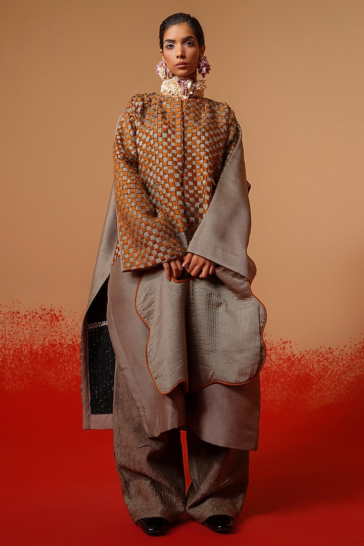 Leaf Green & Grey Silk Checkered Oversized Jacket by STOIQUE at Pernia's Pop Up Shop