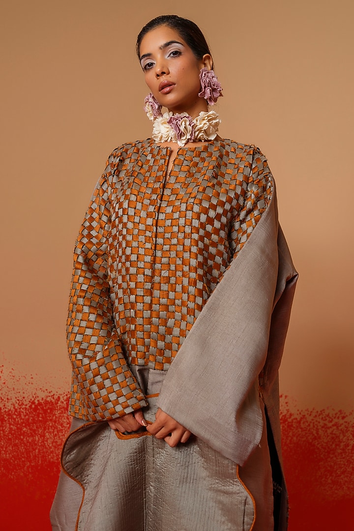 Leaf Green & Grey Silk Checkered Oversized Jacket by STOIQUE at Pernia's Pop Up Shop